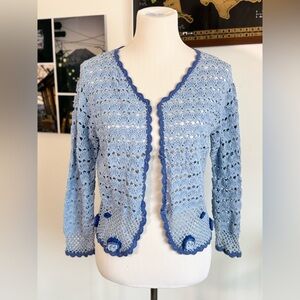 VTG Blue Crochet Lace Cardigan – Fan Stitch Bolero with 3D Floral Roses